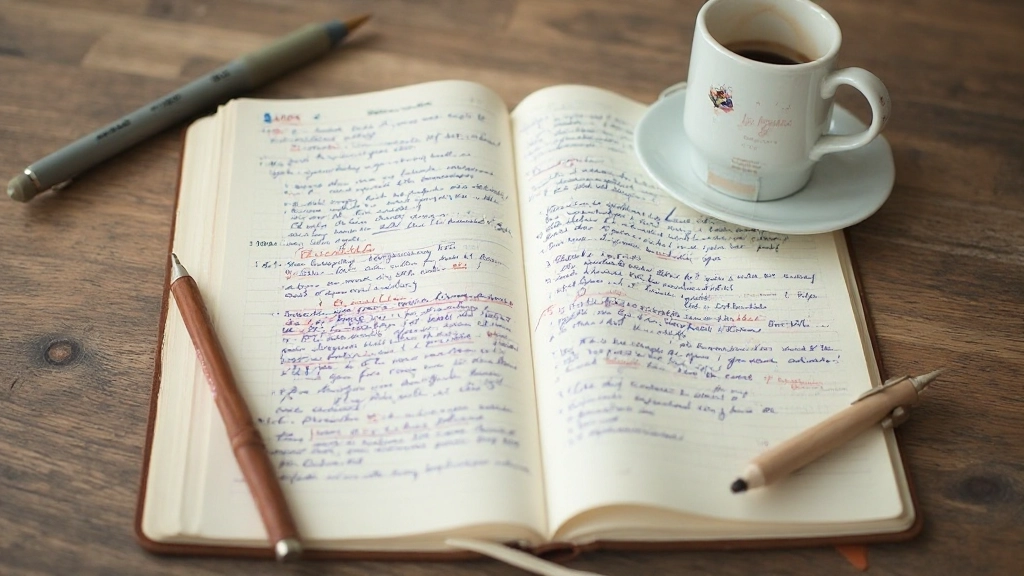 Páginas de diario con escritura a mano, subrayados en colores, y notas marginales creativas