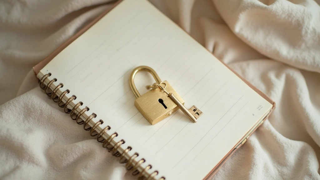 Diario cerrado con candado delicado y llave dorada sobre fondo neutral y tranquilo