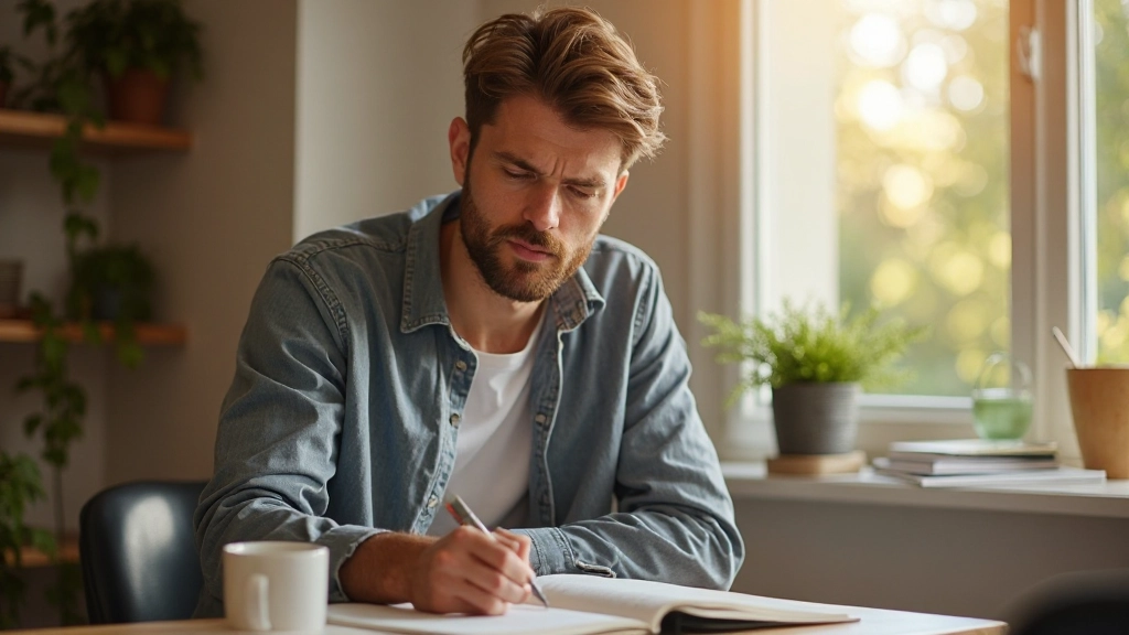 Persona tomando notas en su diario con taza de café al lado en escritorio ordenado
