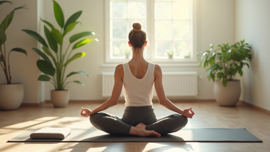 Espacio de meditación minimalista con cojín, plantas verdes y luz natural difusa