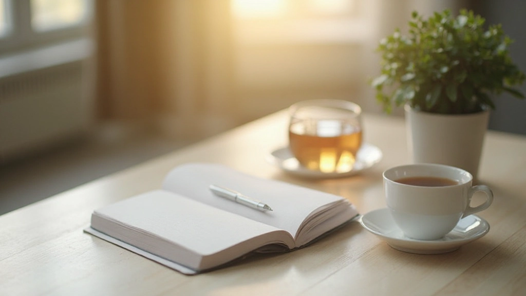Espacio de trabajo minimalista con libros, cuaderno abierto y luz natural