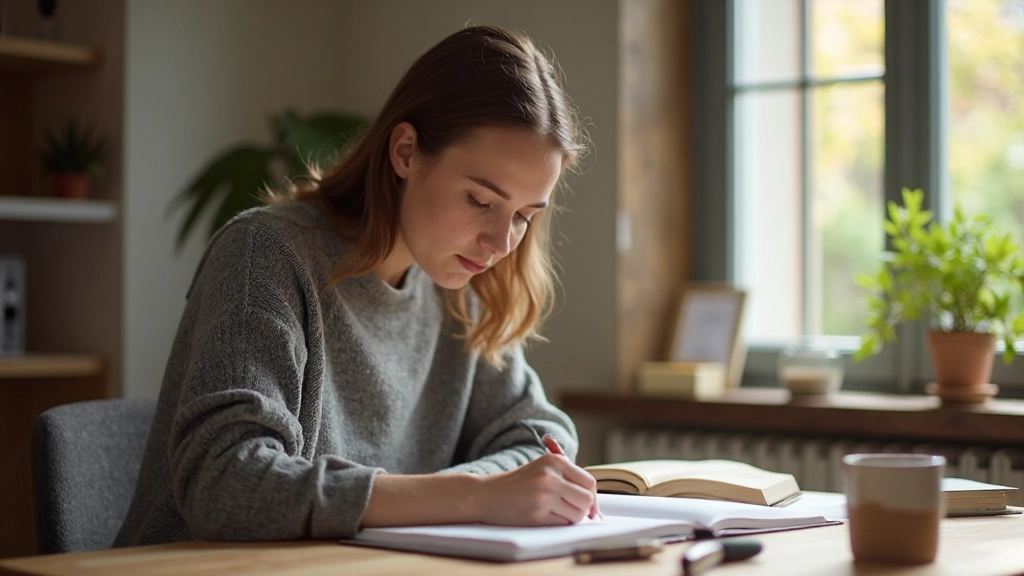 Persona escribiendo en un diario abierto en un escritorio tranquilo