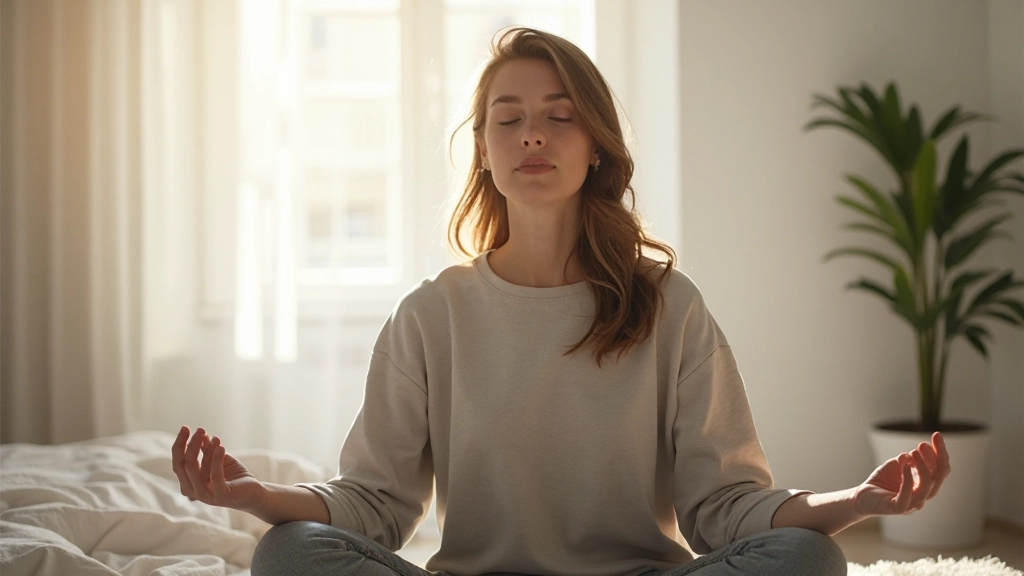 Persona en meditación matutina con luz natural en habitación tranquila