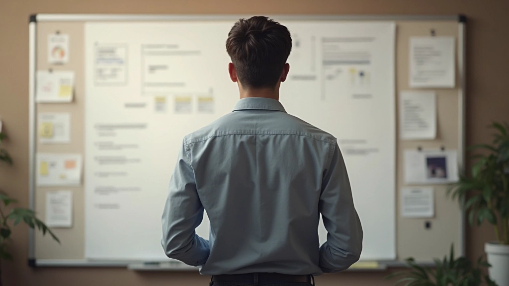 Persona reflexionando frente a una pizarra blanca con anotaciones de desafíos y soluciones potenciales