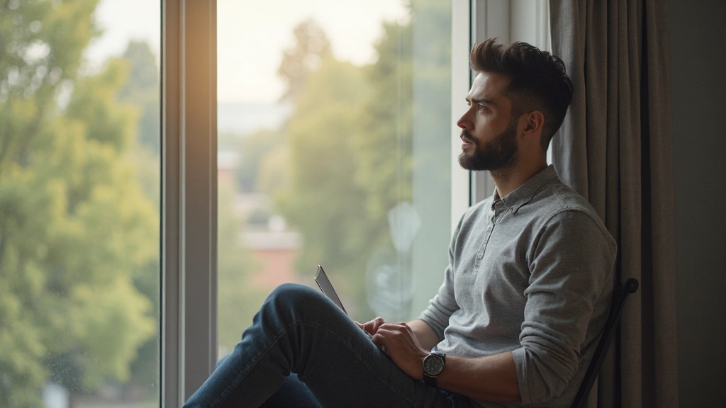 Persona reflexionando en una silla junto a una ventana grande con vista a la naturaleza