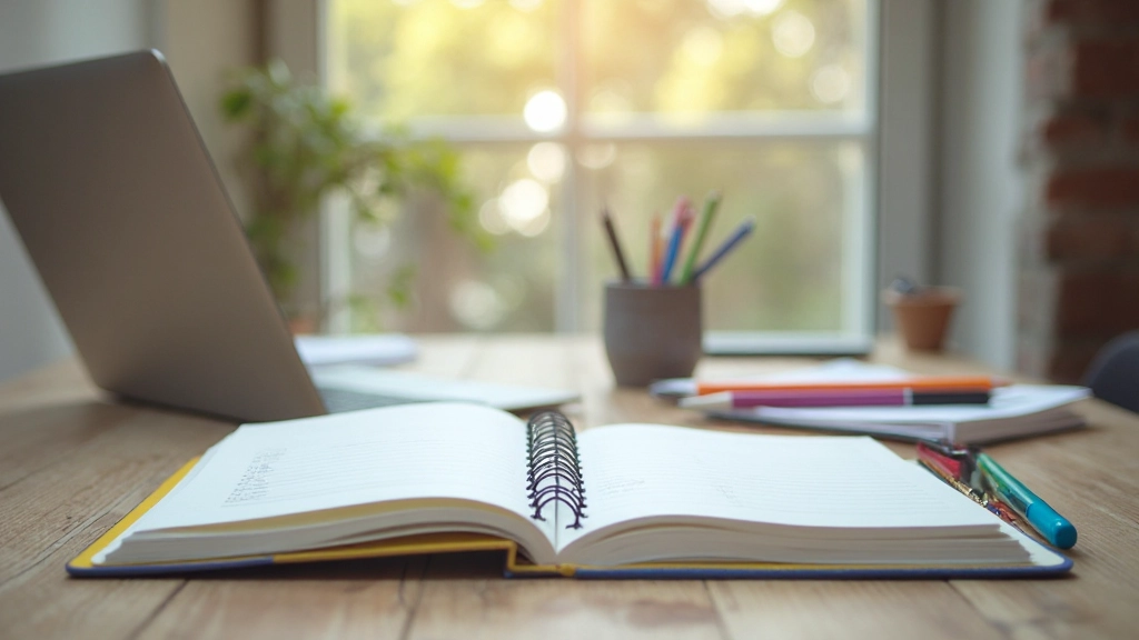 Escritorio con cuadernos, bolígrafos de colores y un calendario mensual abierto mostrando tareas planificadas